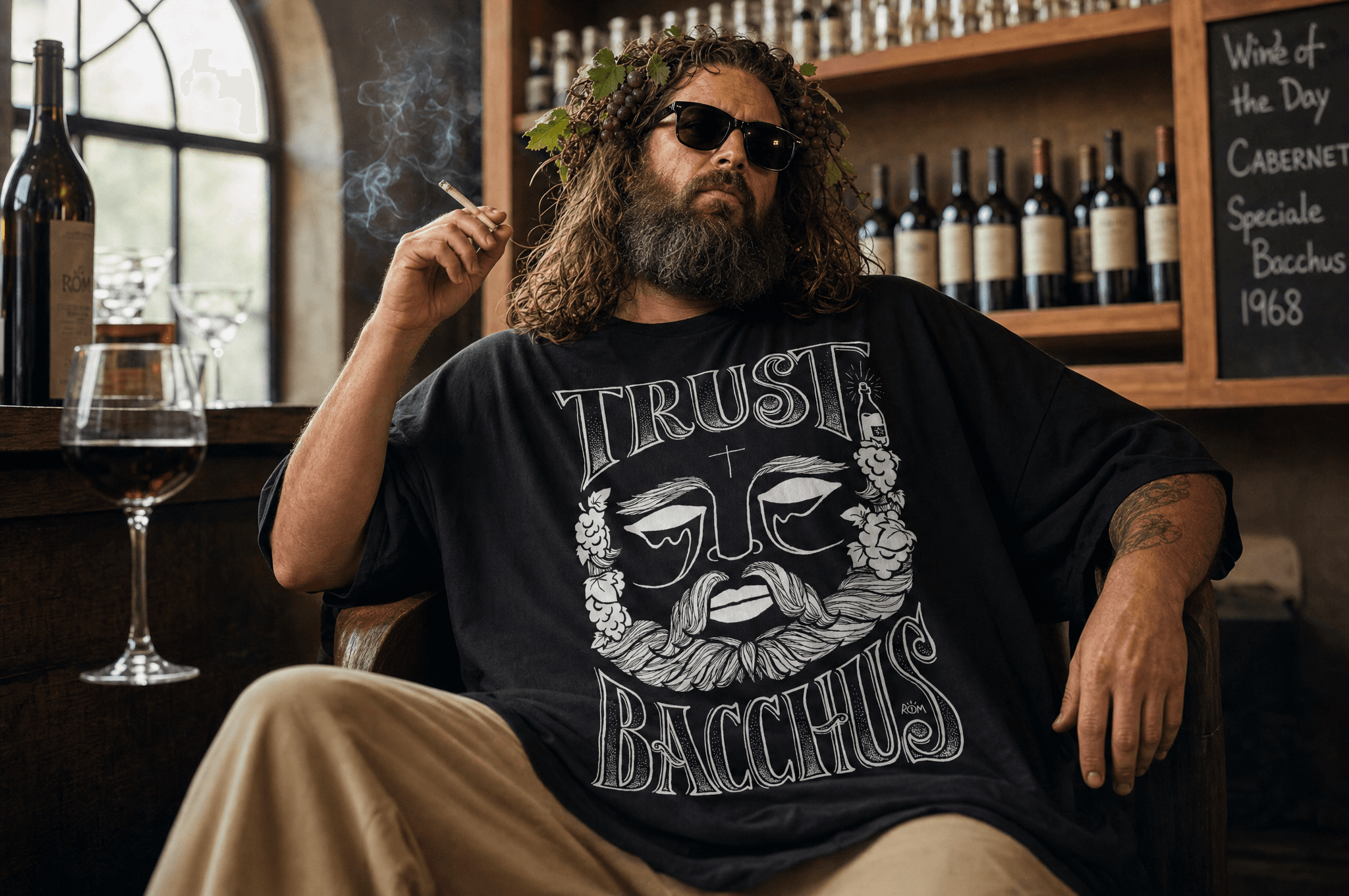 T-shirt Trust Bacchus rom1 porté dans un bar à vin